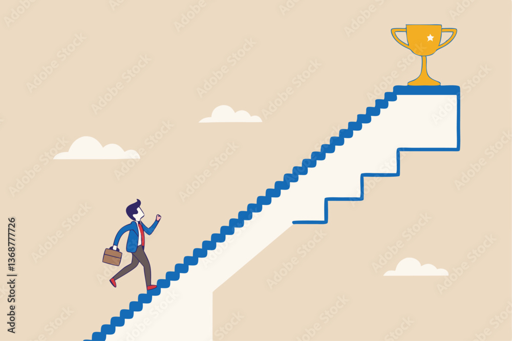 Small steps to success, challenge improve career and achieve target, journey, aspiration to reach goal, patience and persistence concept, businessman walk up small step stair to reach trophy reward. Small steps to success, challenge improve career and achieve target, journey, aspiration to reach goal, patience and persistence concept, businessman walk up small step stair to reach trophy reward.