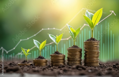 Seedlings growing coin stacks, representing finance investment profit. Business growth concept with rising arrow graph. Financial success, wealth, investment. Ideas of business, banking, money, photo