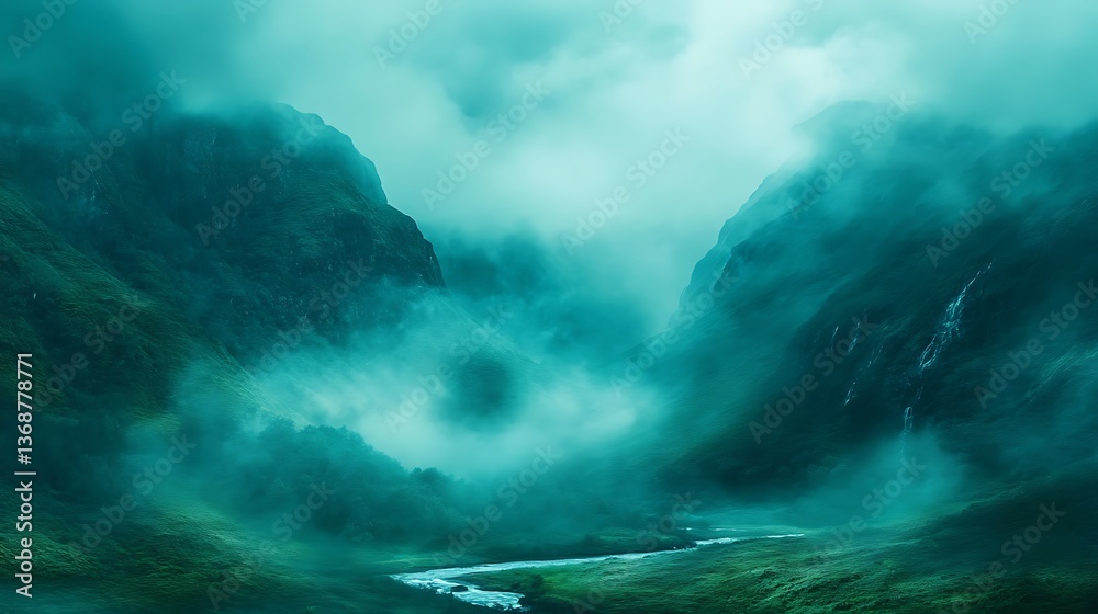 Fototapeta premium A mist-covered mountain range with a peaceful valley stretching below.