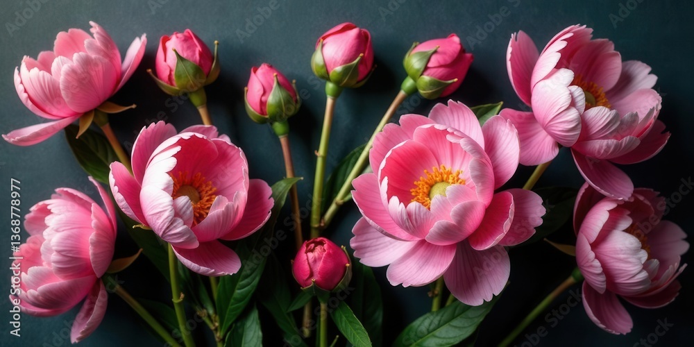 Obraz premium A breathtaking bouquet of delicate pink peonies, artfully arranged against a deep teal backdrop, showcases the beauty of nature's artistry in full bloom.