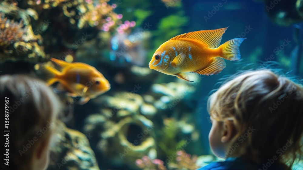 Fototapeta premium Children captivated by golden fish in a shimmering aquatic environment
