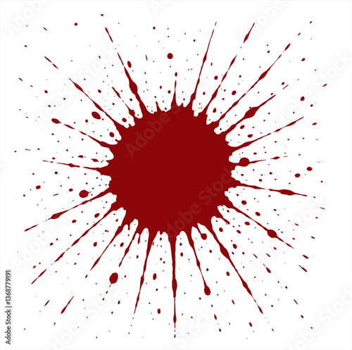 A single blood splatter on a white background. Realistic red stain with dynamic drips and irregular edges. High-resolution graphic illustration, perfect for horror or crime scene concepts.