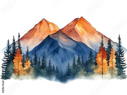 Watercolor painting of majestic mountains at sunset with autumnal forest.