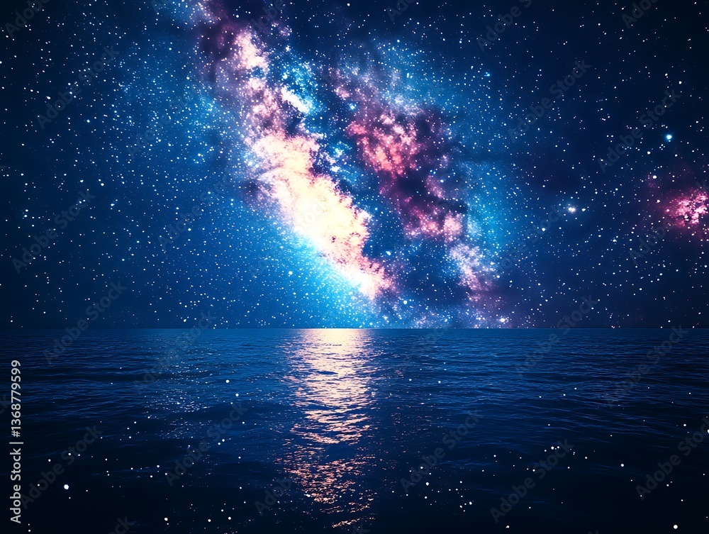 Obraz premium Cosmic nebula reflected in calm ocean at night.