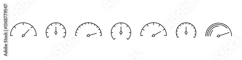 Speedometer icon. Meter score vector set. Gauge line limit scale.  Score measurement level meter. Black line design. High indicator sign.