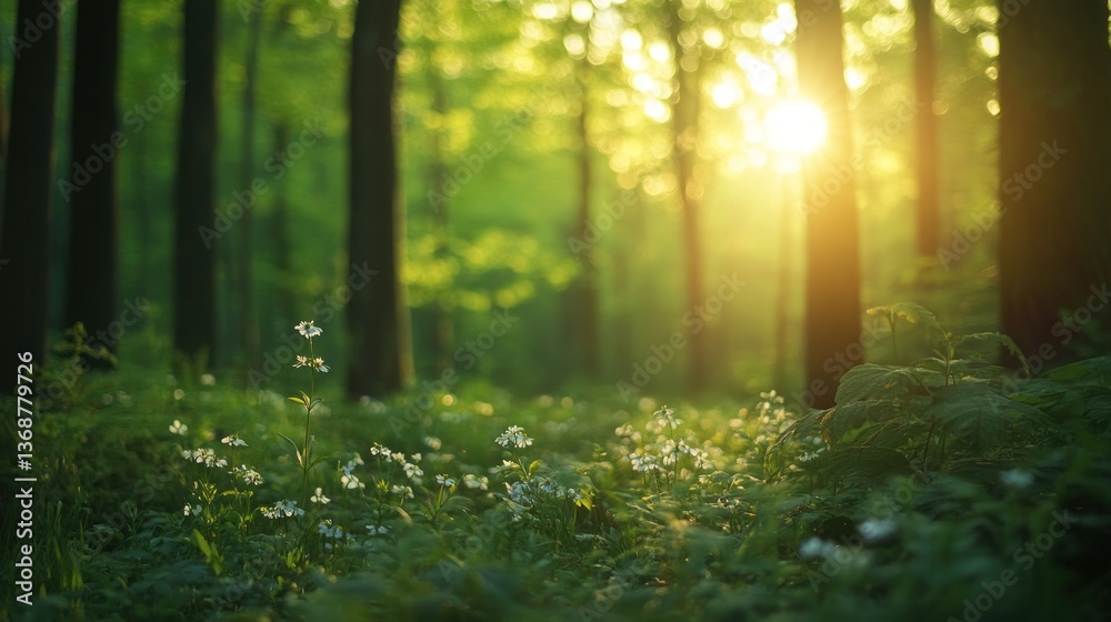 Fototapeta premium Sunlight filters through a vibrant forest showcasing wildflowers in full bloom