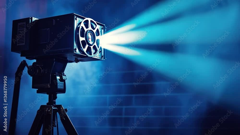 Vintage projector beams light on brick wall
