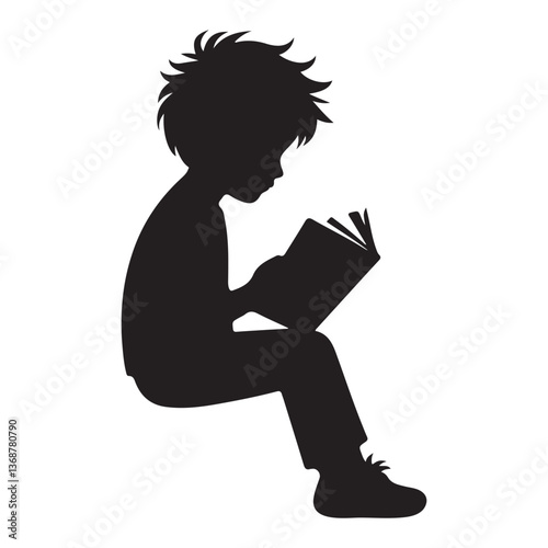 Silhouette illustration of a boy deeply engrossed in reading a book
