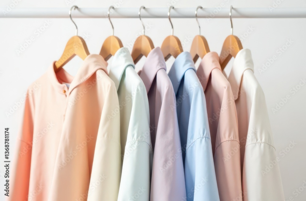 A collection of six shirts in pastel colors hangs neatly on wooden hangers against a simple white backdrop. Each shirt features a unique hue showcasing a stylish arrangement. A collection of six shirts in pastel colors hangs neatly on wooden hangers against a simple white backdrop. Each shirt features a unique hue showcasing a stylish arrangement.