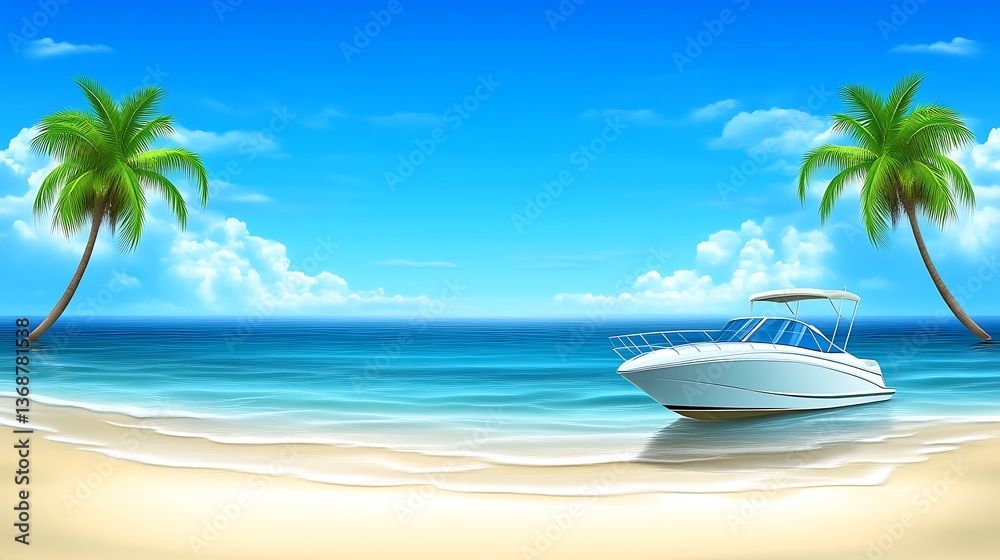 Obraz premium Tropical Beach Scene with Luxury Motorboat