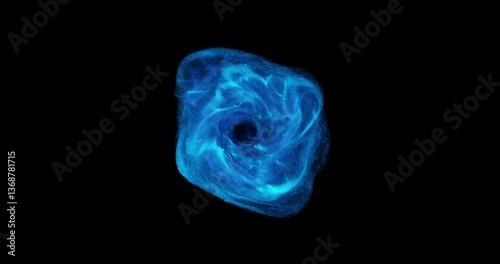 Abstract plasma ring and pulsating effect with particles on Black. Flowing blue smoke, plasma or fluids. motion graphic element for event, concert, title, presentation, music, VJ. 4K loop 3D render