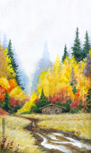 Watercolor landscape. Road to the autumn forest