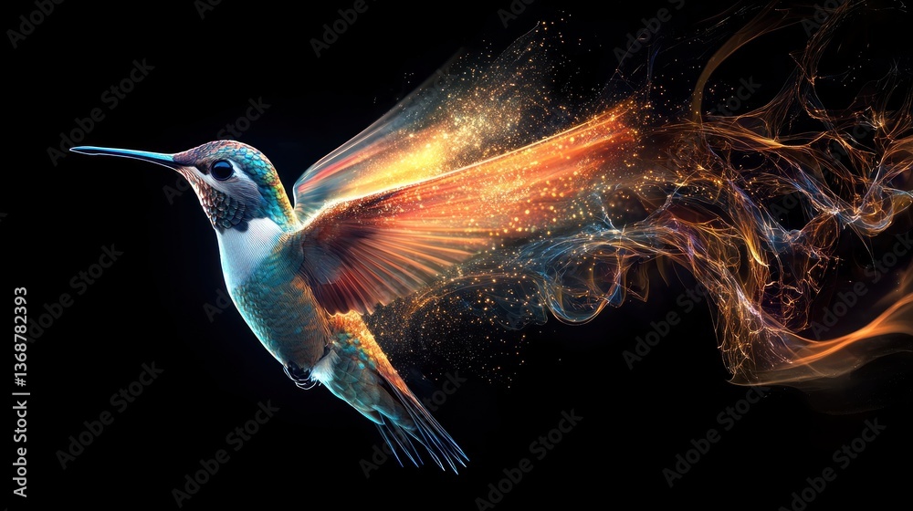 Naklejka premium Mystical hummingbird in flight with energy trails on a black background