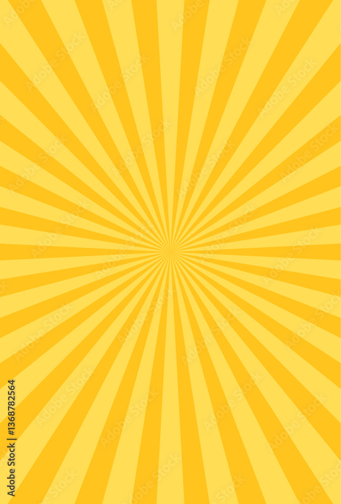 Yellow sunburst background pattern with radiant lines. Perfect for attention-grabbing designs, posters, promotional materials, and summer-themed projects. Bold, energetic vector artwork.