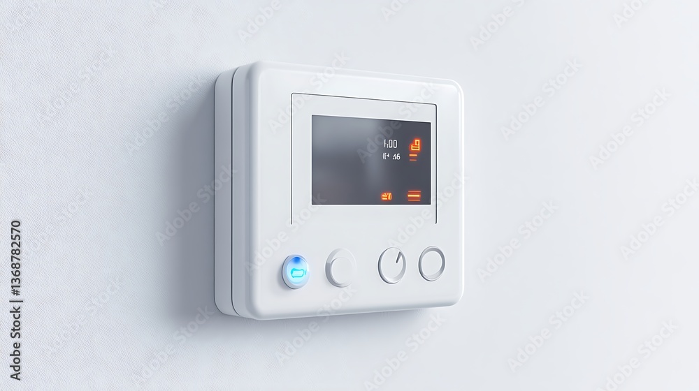 Modern White Smart Home Thermostat Controller on Wall with LCD Display Modern White Smart Home Thermostat Controller on Wall with LCD Display