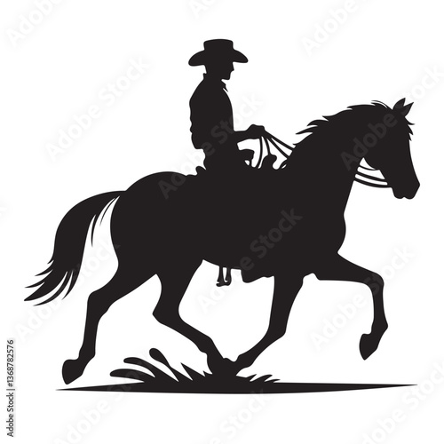 Cowboy Silhouette Riding Horse on Water Western Lifestyle Illustration
