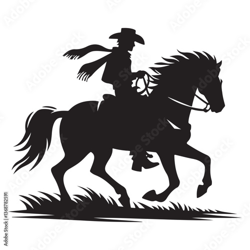 Silhouette of Cowboy Riding Horse Illustration in the Wild West Style