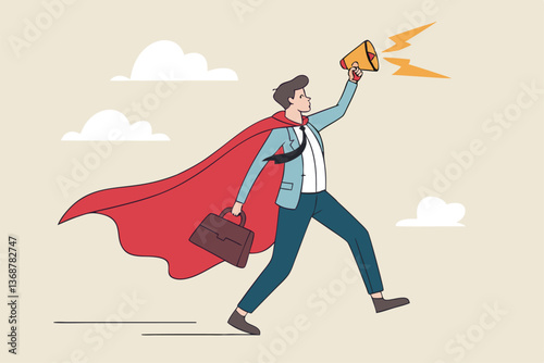 Superhero businessman with superpower to win business success, strength or power to control and finish work, confidence great responsibility, courage or strong positive attitude with fearless mindset.