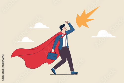 Superhero businessman with superpower to win business success, strength or power to control and finish work, confidence great responsibility, courage or strong positive attitude with fearless mindset.