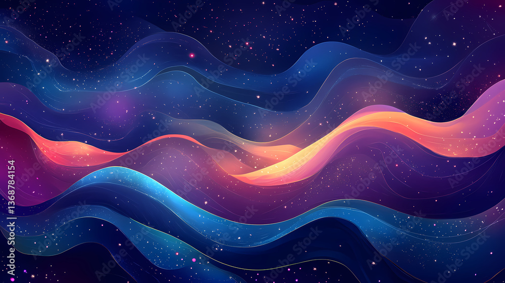 Abstract cosmic landscape with wavy shapes and stars. Celestial Ripples. Illustration Abstract cosmic landscape with wavy shapes and stars. Celestial Ripples. Illustration