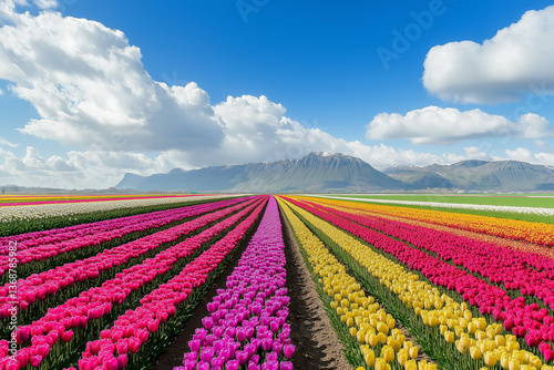 Striped Tulip Fields, Spring Blooms, Mountain View, Sunny Day