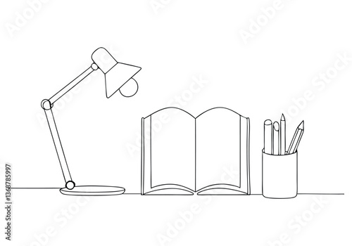 Minimalist continuous line drawing of a desk lamp, open book, and pencil holder with stationery in a modern workspace