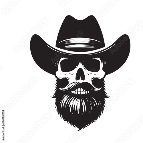 Cowboy Skull Silhouette Vector with Beard and Hat Illustration