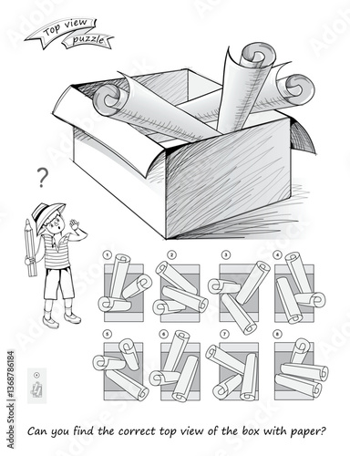 Puzzle for smartest. Can you find the correct top view of the box with paper? Logic game for children and adults. 3D maze. Brain teaser book. Developing spatial thinking. Black and white vector image