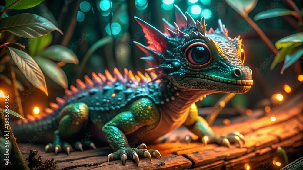 Fototapeta premium A small dragon-like creature with shifting, iridescent colors covering its skin, camouflaged against a glowing fantasy rainforest 