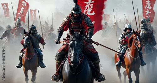 Charge of the Warrior: A cinematic depiction of a warrior leading a mounted cavalry charge, clad in battle armor, amid a historical battlefield, filled with the thrill of military action.