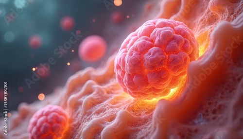 3D render of early-stage breast cancer tumor forming in ductal system. Illustration shows microscopic view of cells, disease. Concept medical, healthcare, research, oncology, awareness, diagnosis,