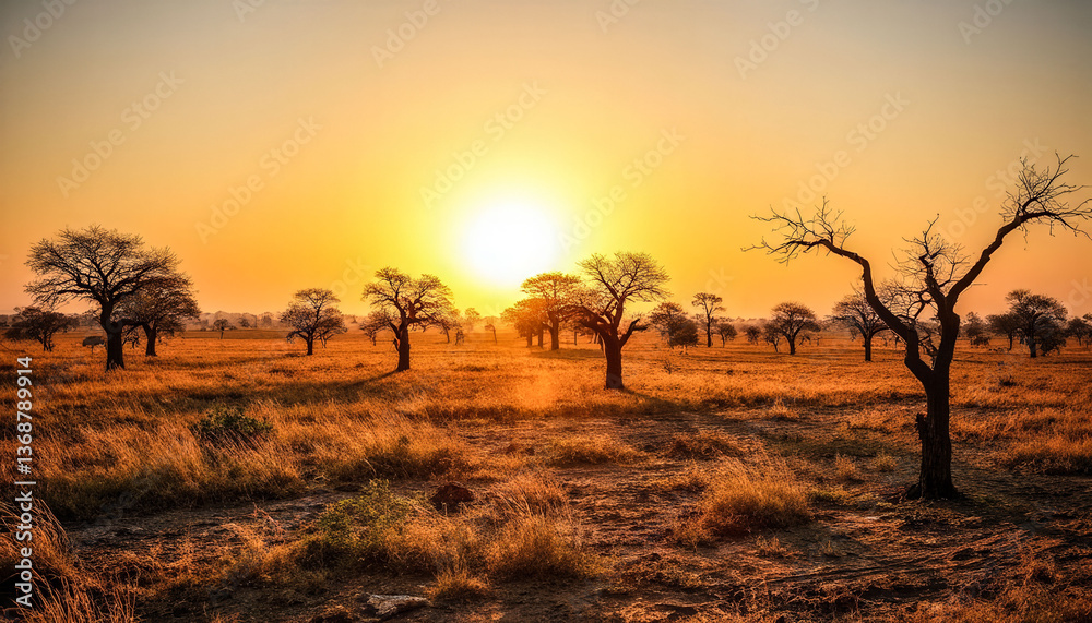Fototapeta premium A field of trees with a sun in the sky. The sun is setting and the sky is orange