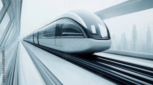 Futuristic high-speed train gliding through an ultramodern cityscape vision