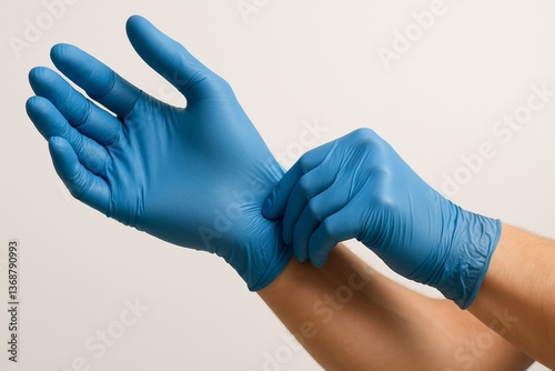 Hands putting on blue latex gloves against a neutral background  