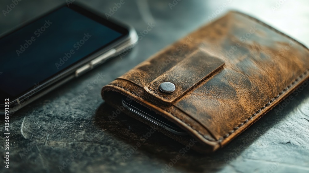 Brown Leather Wallet and Mobile Phone on Dark Textured Background Brown Leather Wallet and Mobile Phone on Dark Textured Background