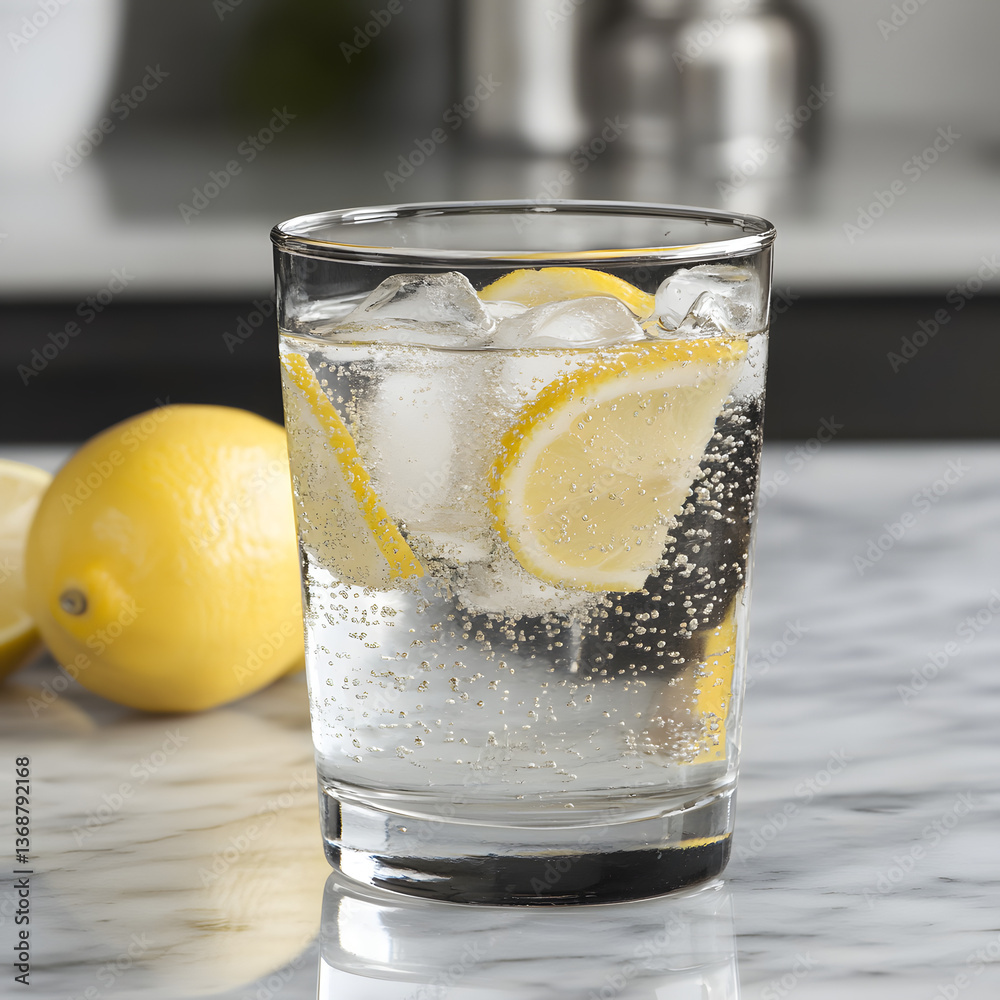 Refreshing glass of sparkling water with lemon slices and ice Refreshing glass of sparkling water with lemon slices and ice