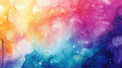 A vibrant and abstract watercolor painting featuring multiple colors blending