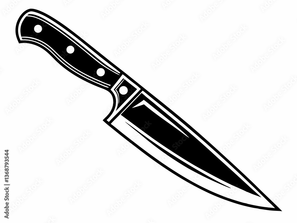Compact chef knife vector illustration with detailed handle and balanced blade in black and white format
Compact chef knife vector illustration with detailed handle and balanced blade in black and white format