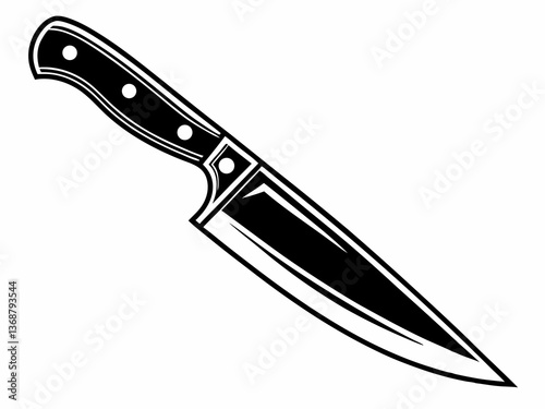 Compact chef knife vector illustration with detailed handle and balanced blade in black and white format

