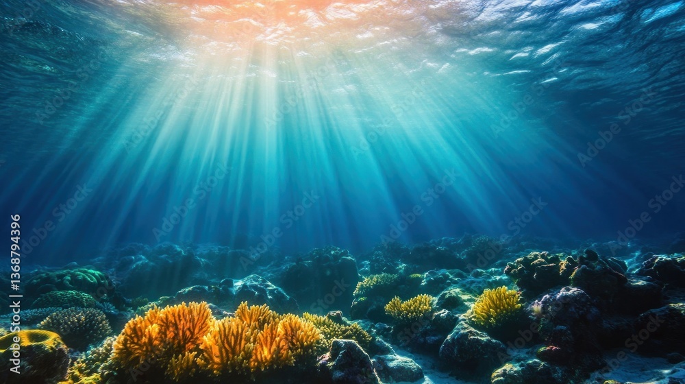 Naklejka premium Sunlight filtering through the ocean depths illuminating a vibrant coral reef
