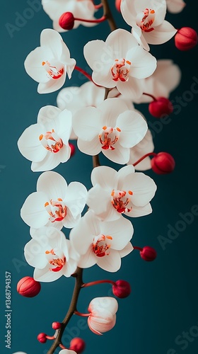 Elegant white orchids against a teal background.