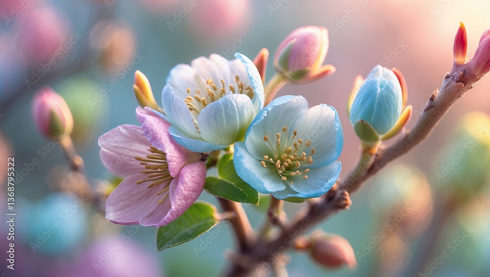 Obraz premium Delicate blossoms in pastel hues, with buds, on branch, sunlight in background