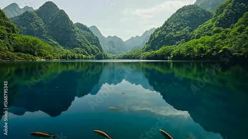 Wallpaper Mural Serene mountain lake reflecting lush greenery and distant peaks under a clear sky Torontodigital.ca