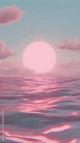 Pink sunset over calm ocean.