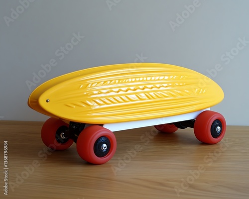 Yellow plastic skateboard with red wheels.