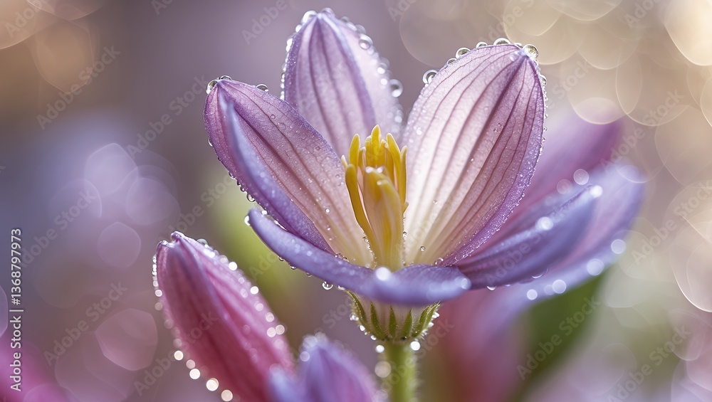 Delicate close-up of a lavender-hued crocus flower with water droplets Delicate close-up of a lavender-hued crocus flower with water droplets
