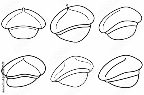 Beret Cap Outline Coloring Book Page Line Art Drawing Set on White Background