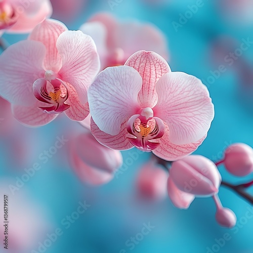 Close-up of two delicate pink orchids against a blurred teal background.