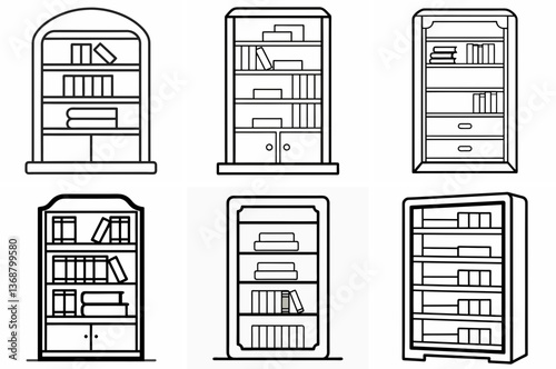 Bookcase Outline Coloring Book Page Line Art Drawing Set on White Background