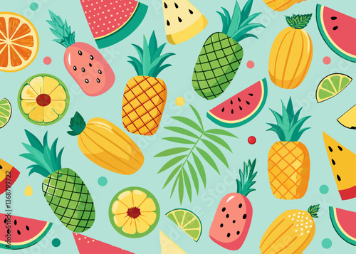 A seamless tropical fruit pattern featuring pineapples, watermelons, bananas, and mangos in a playful hand-drawn style. Bright and colorful design perfect for summer-themed projects and backgrounds.